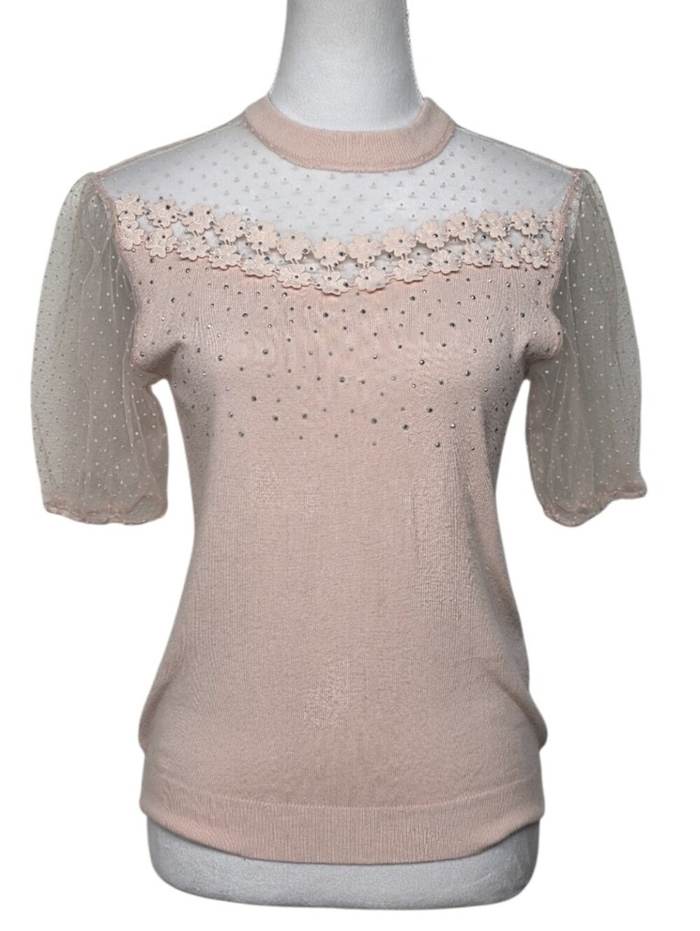 Luna Light Pink Sheer Yoke Knit Blouse with Puff Sleeves Size Medium
